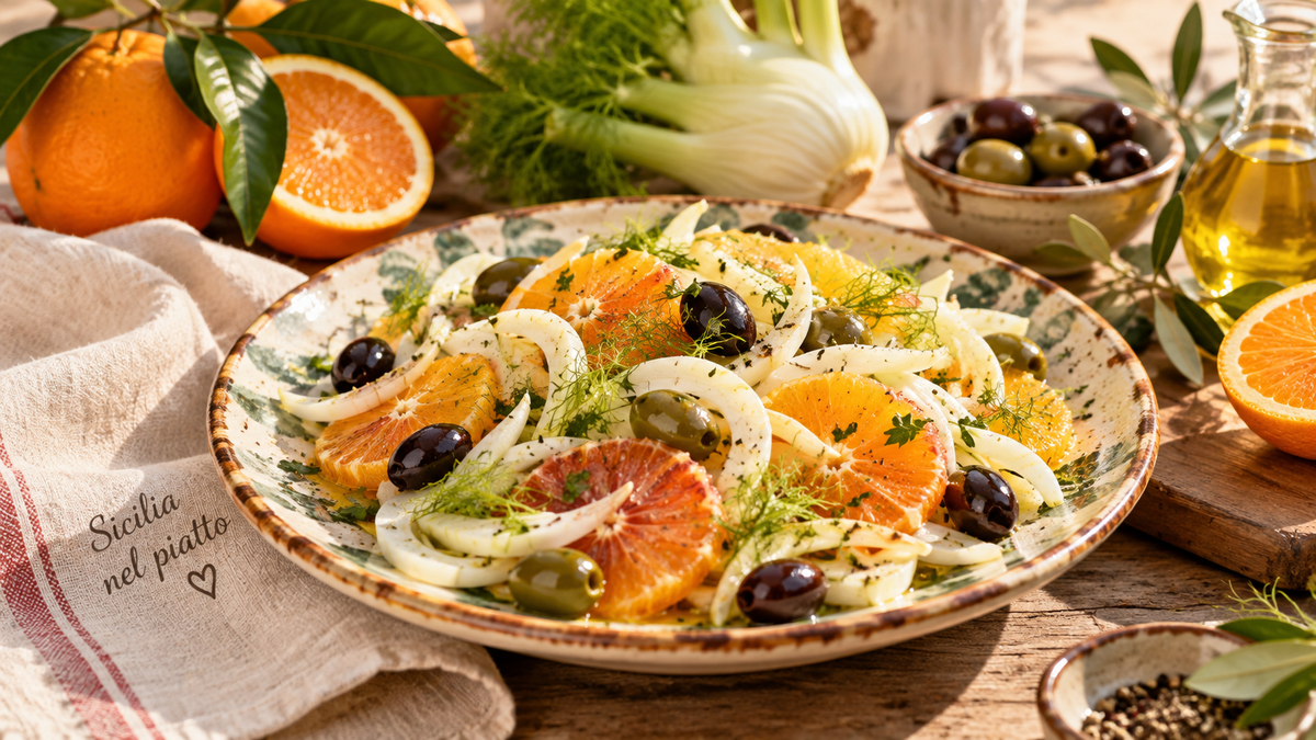 Insalata siciliana di arance, finocchi e olive verdi e nere, condita con olio extravergine d’oliva e servita su un piatto in ceramica rustica.