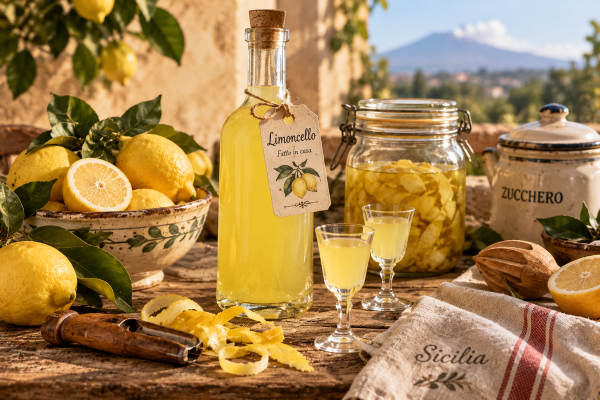 Alt text consigliato per Shopify:  Limoncello fatto in casa con limoni siciliani, bottiglia e bicchierini su un tavolo rustico, accanto a scorze di limone, un pelapatate antico e un vaso per l’infusione.