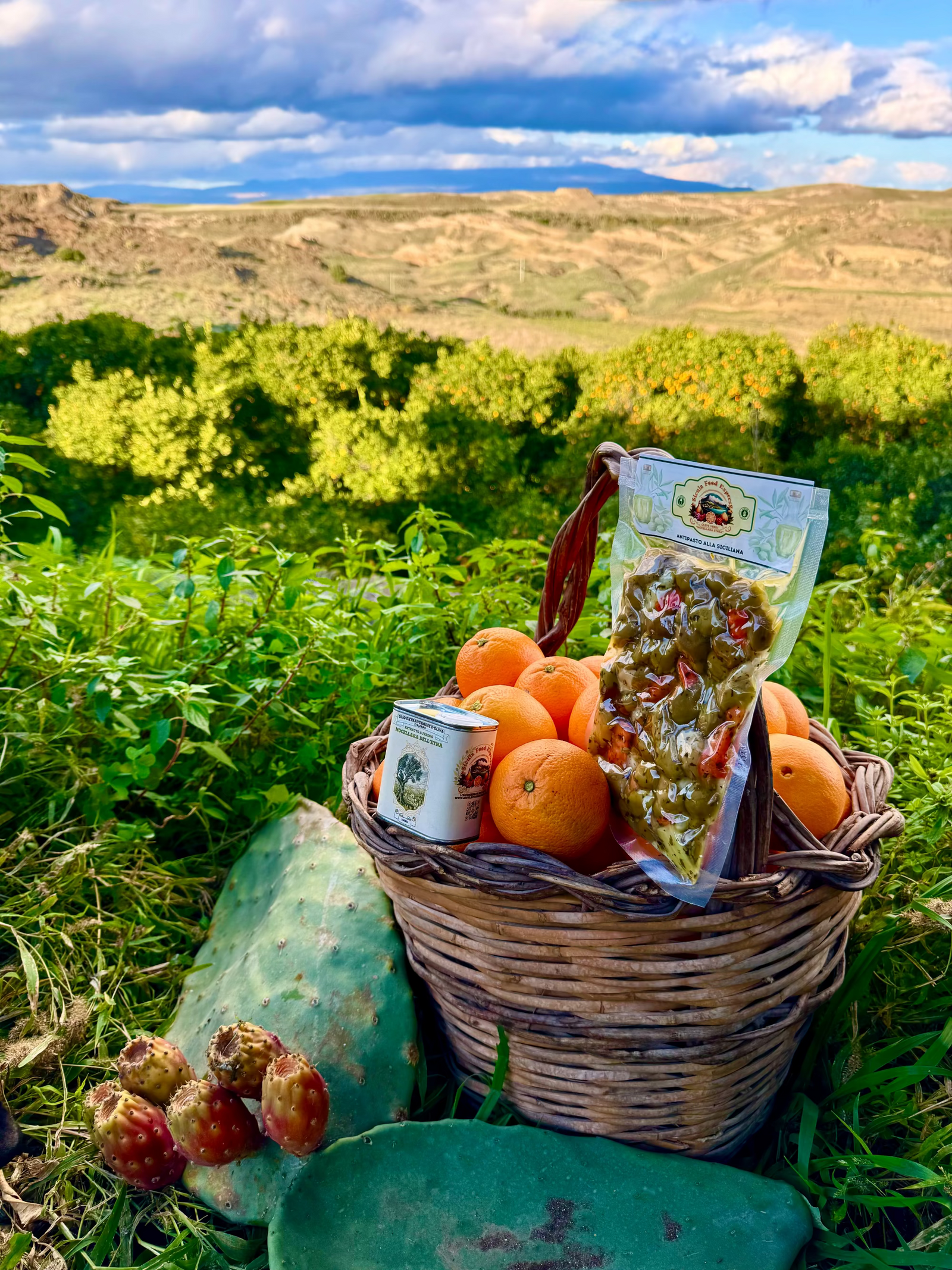 Cesto intrecciato in vimini pieno di arance fresche, un barattolino di olio extravergine e una confezione di olive condite, appoggiato sul terreno tra pale di fico d'India con fichi maturi e uno sfondo panoramico di colline siciliane sotto un cielo azzurro