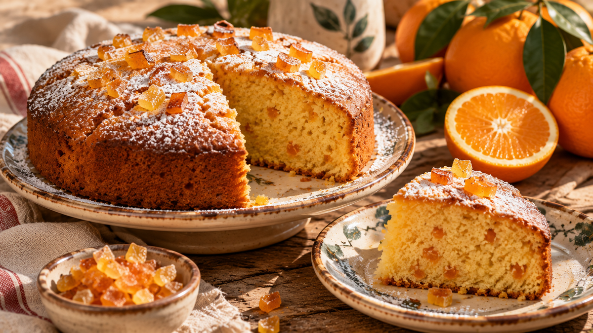 Alt text consigliato per Shopify:

Torta soffice all’arancia con scorze candite e zucchero a velo, con una fetta tagliata che mostra l’interno morbido, servita con arance fresche.
