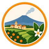 Icona del vulcano Etna con agrumeto e casale siciliano, simbolo della coltivazione degli agrumi alle pendici dell'Etna.